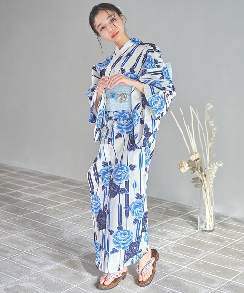 セール】1人で着られる浴衣5点セット（ゆかた・しわへこ帯・下駄・