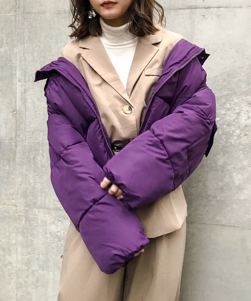 Fashion Letter（ファッションレター）の「フードショートエコダウンジャケット（ダウンジャケット/コート・レディース・レッド/パープル/ブラック/ライトカーキ/ネイビー/オフホワイト・M/L）」の6枚目の写真