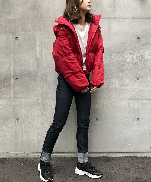 Fashion Letter（ファッションレター）の「フードショートエコダウンジャケット（ダウンジャケット/コート・レディース・レッド/パープル/ブラック/ライトカーキ/ネイビー/オフホワイト・M/L）」の21枚目の写真