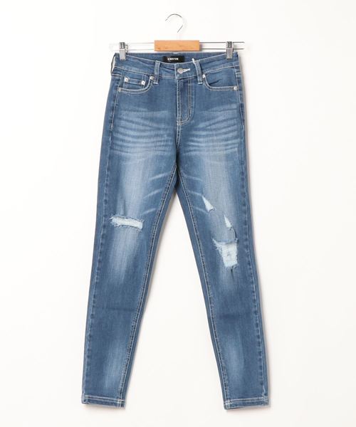 ENVYM（アンビー）の「ＪＵＳＴ　ＷＡＩＳＴ　ダメージＳＫＩＮＮＹ（デニムパンツ・レディース・ネイビー/サックスブルー/ブラック/ブルー・S/M/XS）」の7枚目の写真