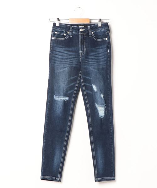 ENVYM（アンビー）の「ＪＵＳＴ　ＷＡＩＳＴ　ダメージＳＫＩＮＮＹ（デニムパンツ・レディース・ネイビー/サックスブルー/ブラック/ブルー・S/M/XS）」の6枚目の写真