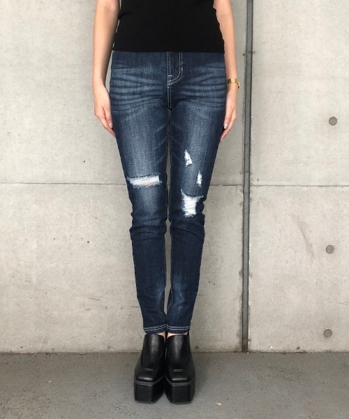 ENVYM（アンビー）の「ＪＵＳＴ　ＷＡＩＳＴ　ダメージＳＫＩＮＮＹ（デニムパンツ・レディース・ネイビー/サックスブルー/ブラック/ブルー・S/M/XS）」の20枚目の写真