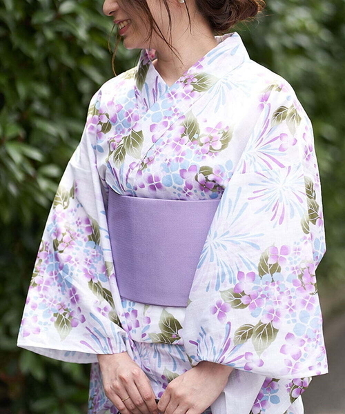 超可爱の 紫陽花と花火柄浴衣 簡単 ゆかた 帯2点セット
