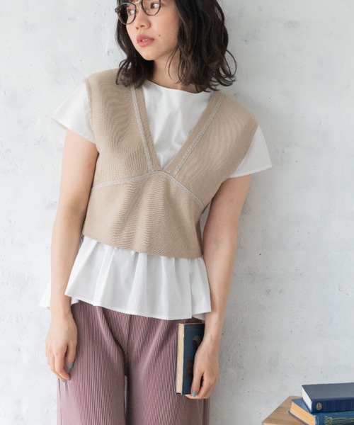 Mysa&Liina(ミーサリーナ)の「柄配色ステッチバックリボンニットビスチェ(ベスト・レディース・ネイビー/キナリ/オフホワイト/ブルー/ベージュ・M)」の4枚目の写真