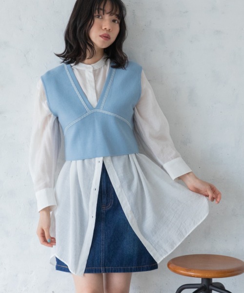 Mysa&Liina(ミーサリーナ)の「柄配色ステッチバックリボンニットビスチェ(ベスト・レディース・ネイビー/キナリ/オフホワイト/ブルー/ベージュ・M)」の5枚目の写真