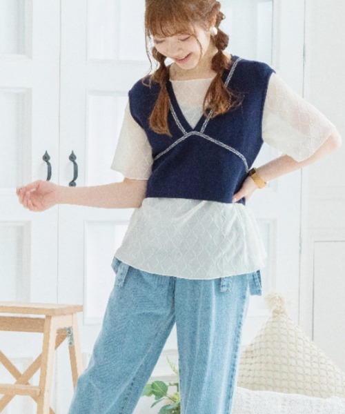 Mysa&Liina(ミーサリーナ)の「柄配色ステッチバックリボンニットビスチェ(ベスト・レディース・ネイビー/キナリ/オフホワイト/ブルー/ベージュ・M)」の13枚目の写真