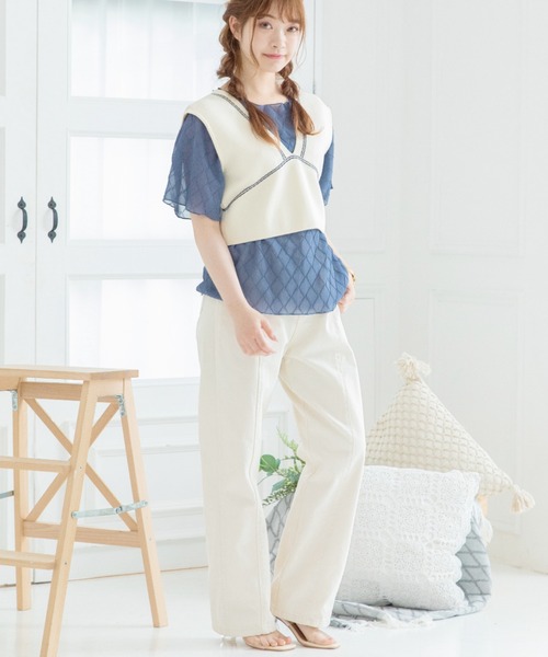 Mysa&Liina(ミーサリーナ)の「柄配色ステッチバックリボンニットビスチェ(ベスト・レディース・ネイビー/キナリ/オフホワイト/ブルー/ベージュ・M)」の7枚目の写真