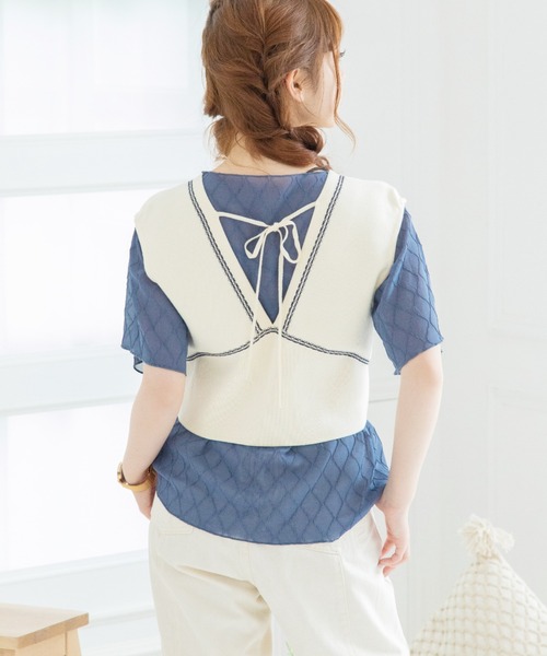 Mysa&Liina(ミーサリーナ)の「柄配色ステッチバックリボンニットビスチェ(ベスト・レディース・ネイビー/キナリ/オフホワイト/ブルー/ベージュ・M)」の8枚目の写真