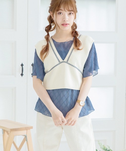 Mysa&Liina(ミーサリーナ)の「柄配色ステッチバックリボンニットビスチェ(ベスト・レディース・ネイビー/キナリ/オフホワイト/ブルー/ベージュ・M)」の9枚目の写真