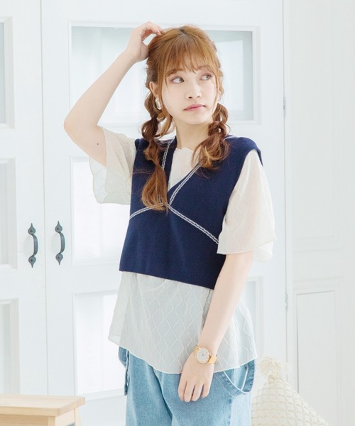 Mysa&Liina(ミーサリーナ)の「柄配色ステッチバックリボンニットビスチェ(ベスト・レディース・ネイビー/キナリ/オフホワイト/ブルー/ベージュ・M)」の11枚目の写真