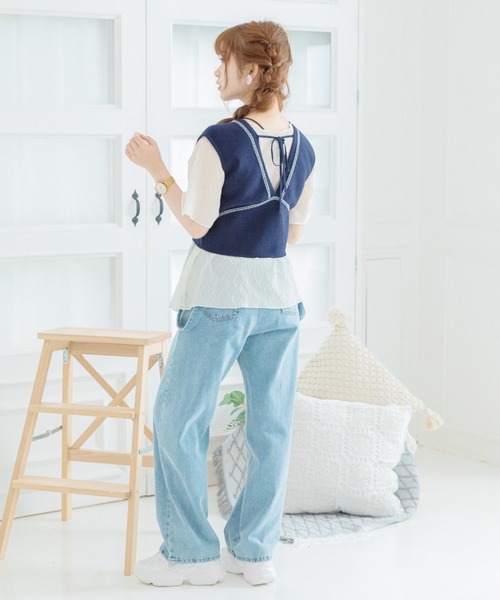 Mysa&Liina(ミーサリーナ)の「柄配色ステッチバックリボンニットビスチェ(ベスト・レディース・ネイビー/キナリ/オフホワイト/ブルー/ベージュ・M)」の12枚目の写真