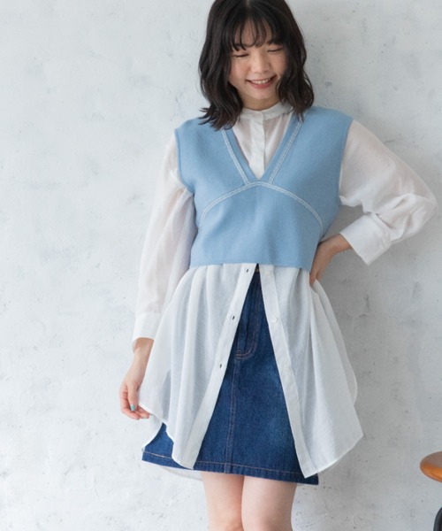 Mysa&Liina(ミーサリーナ)の「柄配色ステッチバックリボンニットビスチェ(ベスト・レディース・ネイビー/キナリ/オフホワイト/ブルー/ベージュ・M)」の14枚目の写真