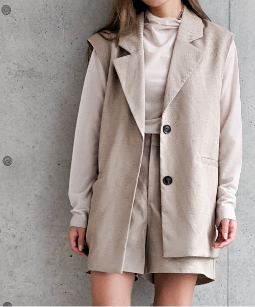 Per sist ence（パーシエンス）の「Per sist ence/パーシエンス　マイクロチェック ノースリーブジャケット（ベスト・レディース・ブラック/ベージュ/アイボリー・FREE）」の3枚目の写真