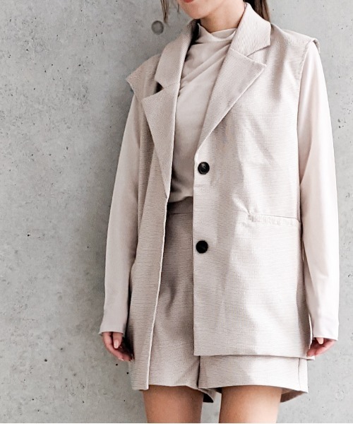 Per sist ence（パーシエンス）の「Per sist ence/パーシエンス　マイクロチェック ノースリーブジャケット（ベスト・レディース・ブラック/ベージュ/アイボリー・FREE）」の8枚目の写真