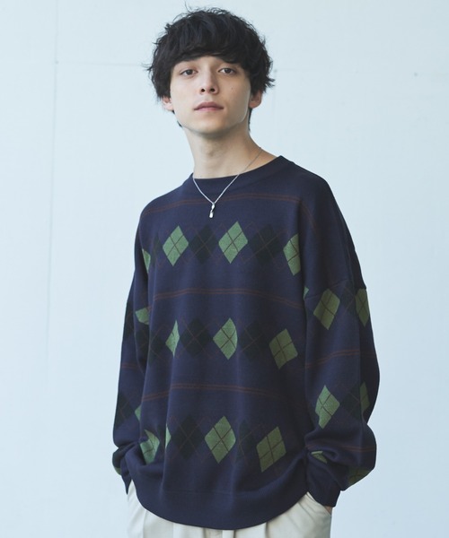 Alpinus(アルピナス)の「Alpinus - アーガイルニットプルオーバー(ニット/セーター・メンズ・ネイビー/グレー・MEDIUM/SMALL)」の1枚目の写真