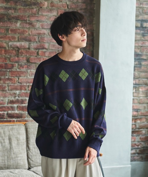 Alpinus(アルピナス)の「Alpinus - アーガイルニットプルオーバー(ニット/セーター・メンズ・ネイビー/グレー・MEDIUM/SMALL)」の3枚目の写真