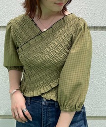 チェックシャーリングクロス前後2Wayブラウス