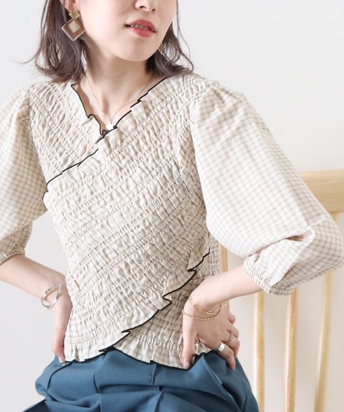 Cheek（チーク）の「チェックシャーリングクロス前後２Ｗａｙブラウス（シャツ/ブラウス・レディース・ベージュ/カーキ・FREE）」の3枚目の写真
