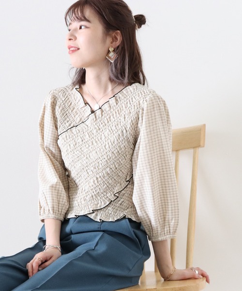 Cheek（チーク）の「チェックシャーリングクロス前後２Ｗａｙブラウス（シャツ/ブラウス・レディース・ベージュ/カーキ・FREE）」の12枚目の写真