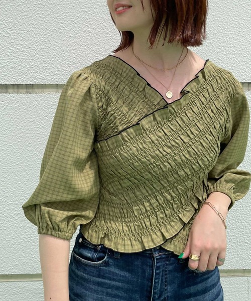 Cheek（チーク）の「チェックシャーリングクロス前後２Ｗａｙブラウス（シャツ/ブラウス・レディース・ベージュ/カーキ・FREE）」の15枚目の写真