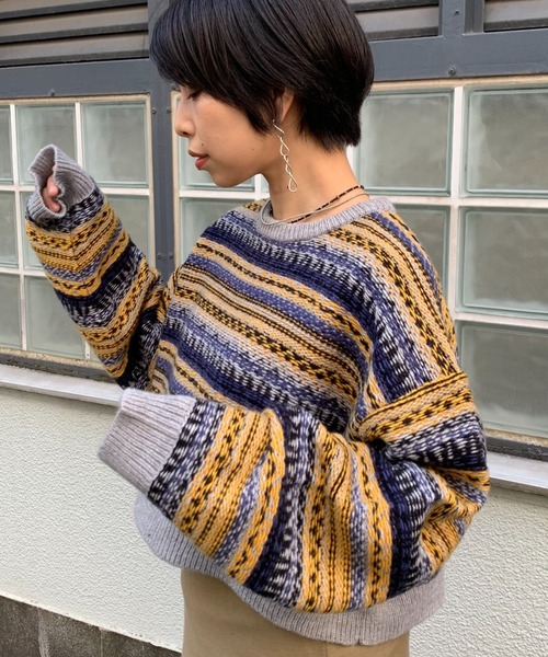 CIAOPANIC（チャオパニック）の「【WEB限定】フェアアイル柄ショートニット（ニット/セーター・レディース・ベージュ/グレー/ホワイト×レッド/アイボリー・FREE）」の4枚目の写真