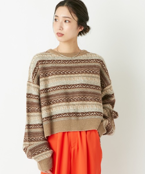 CIAOPANIC（チャオパニック）の「【WEB限定】フェアアイル柄ショートニット（ニット/セーター・レディース・ベージュ/グレー/ホワイト×レッド/アイボリー・FREE）」の5枚目の写真