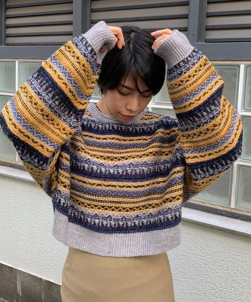 CIAOPANIC（チャオパニック）の「【WEB限定】フェアアイル柄ショートニット（ニット/セーター・レディース・ベージュ/グレー/ホワイト×レッド/アイボリー・FREE）」の7枚目の写真