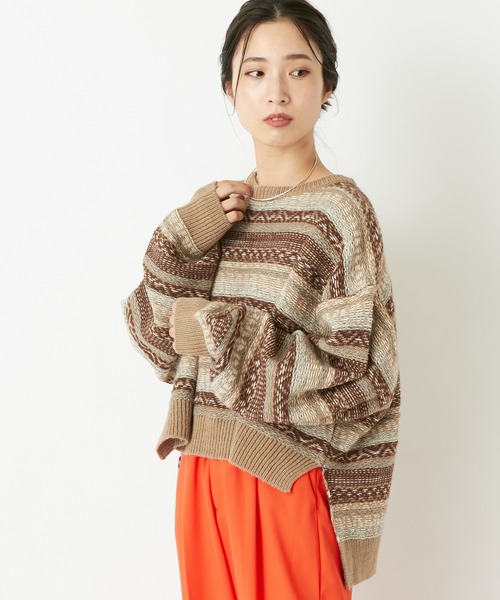 CIAOPANIC（チャオパニック）の「【WEB限定】フェアアイル柄ショートニット（ニット/セーター・レディース・ベージュ/グレー/ホワイト×レッド/アイボリー・FREE）」の14枚目の写真