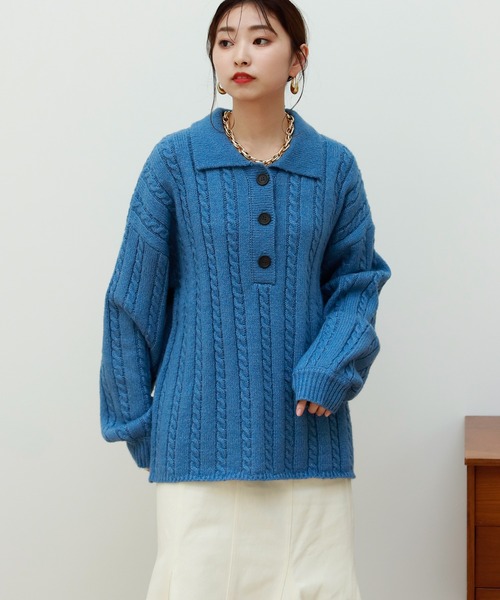 Birthday room（バースデイルーム）の「細ケーブル編みビッグシルエットポロニット（ニット/セーター・レディース・チャコールグレー/ブルー/グリーン/ライトベージュ・FREE）」の17枚目の写真