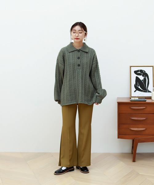 Birthday room（バースデイルーム）の「細ケーブル編みビッグシルエットポロニット（ニット/セーター・レディース・チャコールグレー/ブルー/グリーン/ライトベージュ・FREE）」の21枚目の写真
