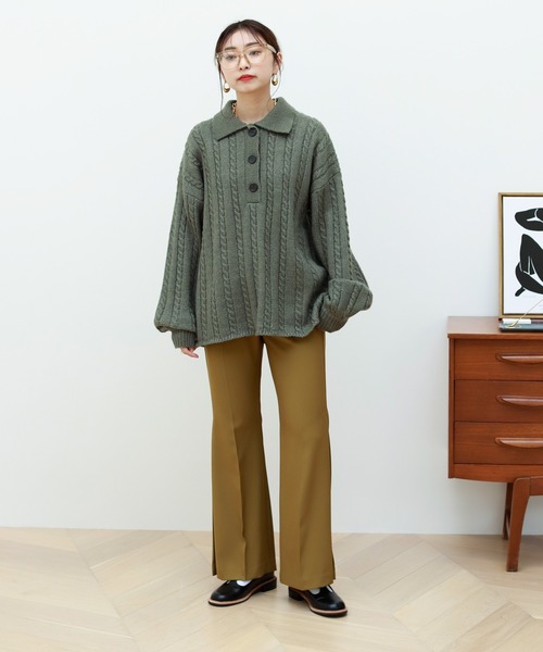 Birthday room（バースデイルーム）の「細ケーブル編みビッグシルエットポロニット（ニット/セーター・レディース・チャコールグレー/ブルー/グリーン/ライトベージュ・FREE）」の20枚目の写真