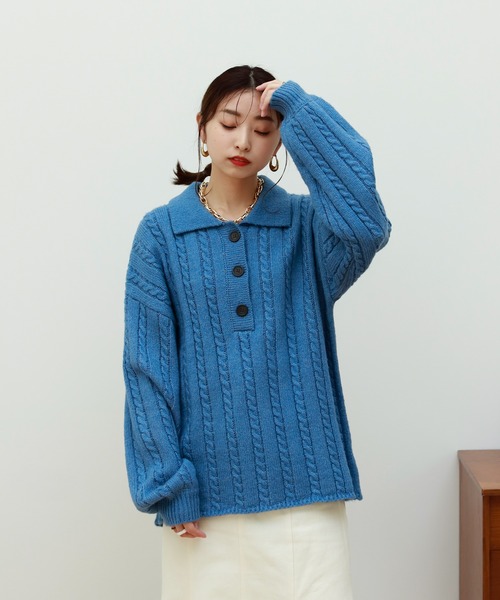 Birthday room（バースデイルーム）の「細ケーブル編みビッグシルエットポロニット（ニット/セーター・レディース・チャコールグレー/ブルー/グリーン/ライトベージュ・FREE）」の15枚目の写真