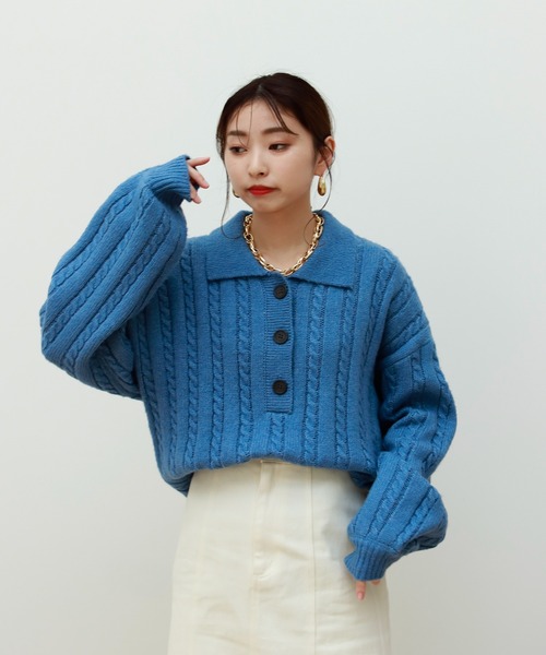 Birthday room（バースデイルーム）の「細ケーブル編みビッグシルエットポロニット（ニット/セーター・レディース・チャコールグレー/ブルー/グリーン/ライトベージュ・FREE）」の12枚目の写真