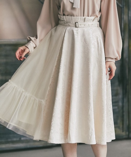 tocco closet(トッコ クローゼット)の「ベルト付きチュール×ジャガードフレアスカート(スカート・レディース・ブラック/ベージュ・M)」の1枚目の写真