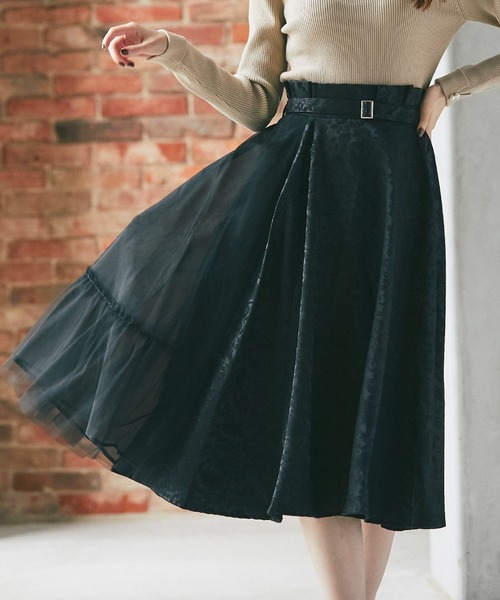 tocco closet(トッコ クローゼット)の「ベルト付きチュール×ジャガードフレアスカート(スカート・レディース・ブラック/ベージュ・M)」の15枚目の写真