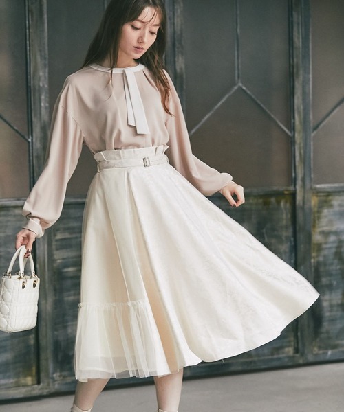 tocco closet(トッコ クローゼット)の「ベルト付きチュール×ジャガードフレアスカート(スカート・レディース・ブラック/ベージュ・M)」の13枚目の写真