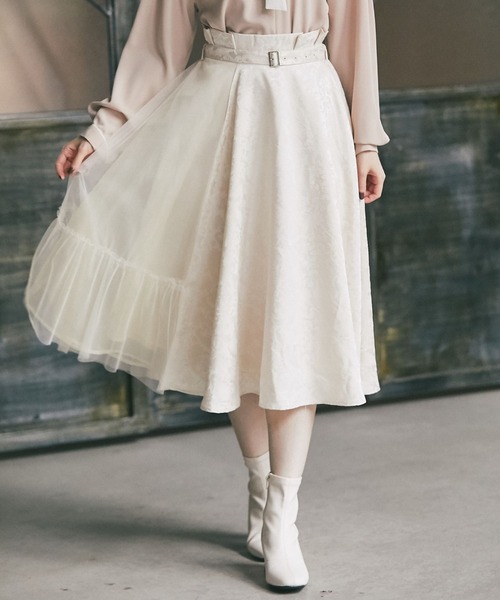 tocco closet(トッコ クローゼット)の「ベルト付きチュール×ジャガードフレアスカート(スカート・レディース・ブラック/ベージュ・M)」の19枚目の写真