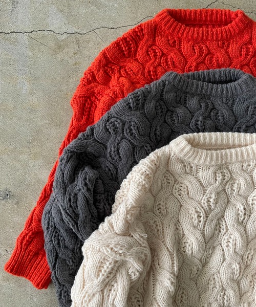 210nouve(トゥージュヌーブ)の「ドルマンスリーブケーブル編みショートニット(ニット/セーター・レディース・グレー/オレンジ/ホワイト・FREE)」の7枚目の写真