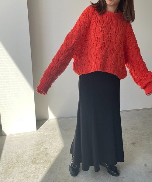 210nouve(トゥージュヌーブ)の「ドルマンスリーブケーブル編みショートニット(ニット/セーター・レディース・グレー/オレンジ/ホワイト・FREE)」の21枚目の写真