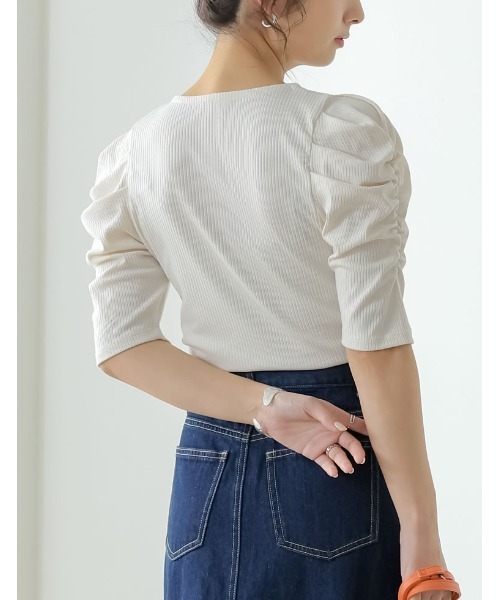 Re:EDIT（リエディ）の「[神山まりあさん着用]無地orボーダーテレコリブパワショルトップス（Tシャツ/カットソー・レディース・ブラック/オフホワイト/ホワイト系その他・MEDIUM）」の20枚目の写真