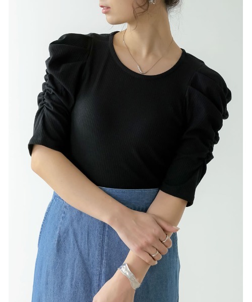 Re:EDIT（リエディ）の「[神山まりあさん着用]無地orボーダーテレコリブパワショルトップス（Tシャツ/カットソー・レディース・ブラック/オフホワイト/ホワイト系その他・MEDIUM）」の8枚目の写真