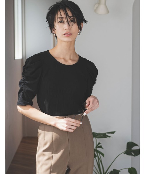 Re:EDIT（リエディ）の「[神山まりあさん着用]無地orボーダーテレコリブパワショルトップス（Tシャツ/カットソー・レディース・ブラック/オフホワイト/ホワイト系その他・MEDIUM）」の7枚目の写真