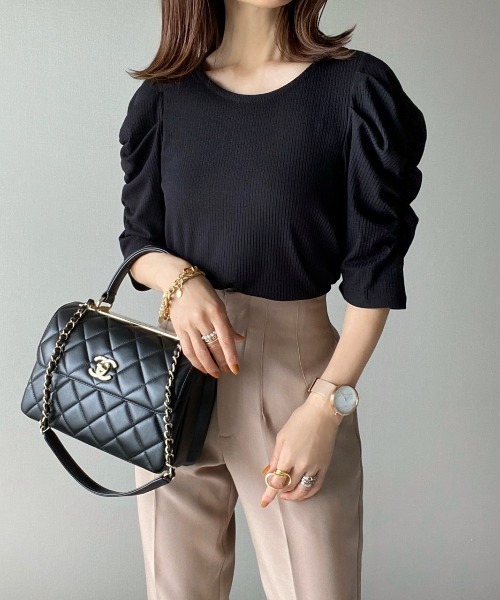 Re:EDIT（リエディ）の「[神山まりあさん着用]無地orボーダーテレコリブパワショルトップス（Tシャツ/カットソー・レディース・ブラック/オフホワイト/ホワイト系その他・MEDIUM）」の14枚目の写真