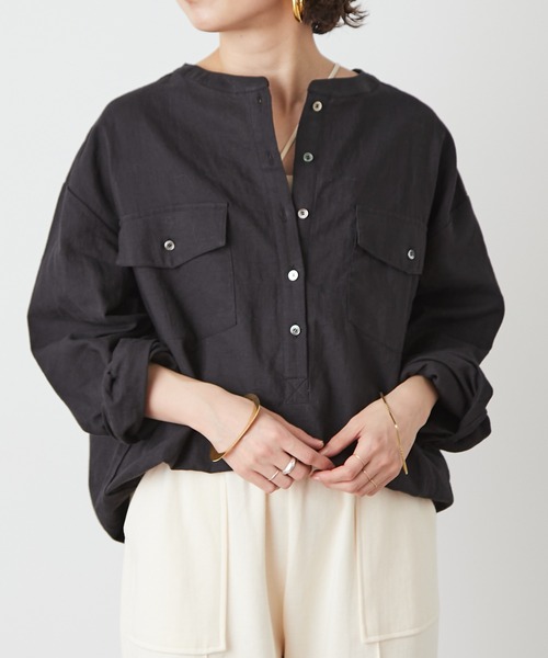 Omekashi（オメカシ）の「リネンプルオーバーシャツ（シャツ/ブラウス・レディース・ブラック/オフホワイト/ピンク・FREE）」の6枚目の写真