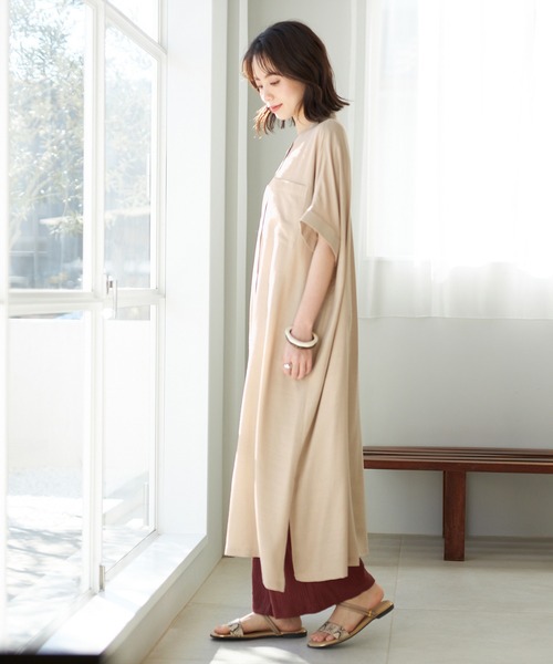 GeeRA（ジーラ）の「バンドカラー半袖シャツワンピース（シャツワンピース・レディース・モカ/サンドグレー/ストライプ・M/L）」の7枚目の写真