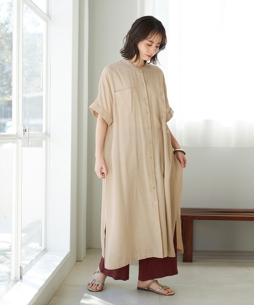 GeeRA（ジーラ）の「バンドカラー半袖シャツワンピース（シャツワンピース・レディース・モカ/サンドグレー/ストライプ・M/L）」の5枚目の写真