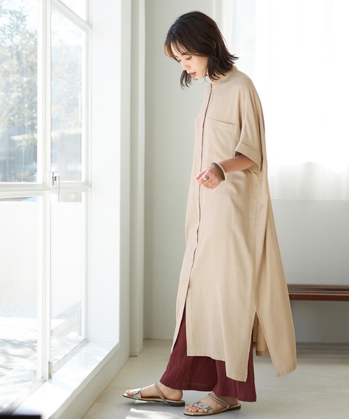 GeeRA（ジーラ）の「バンドカラー半袖シャツワンピース（シャツワンピース・レディース・モカ/サンドグレー/ストライプ・M/L）」の6枚目の写真