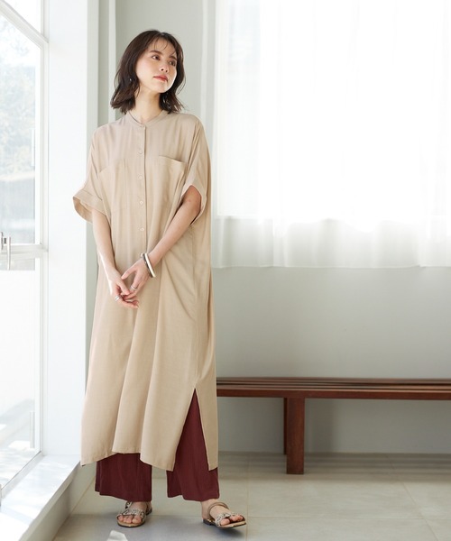 GeeRA（ジーラ）の「バンドカラー半袖シャツワンピース（シャツワンピース・レディース・モカ/サンドグレー/ストライプ・M/L）」の4枚目の写真