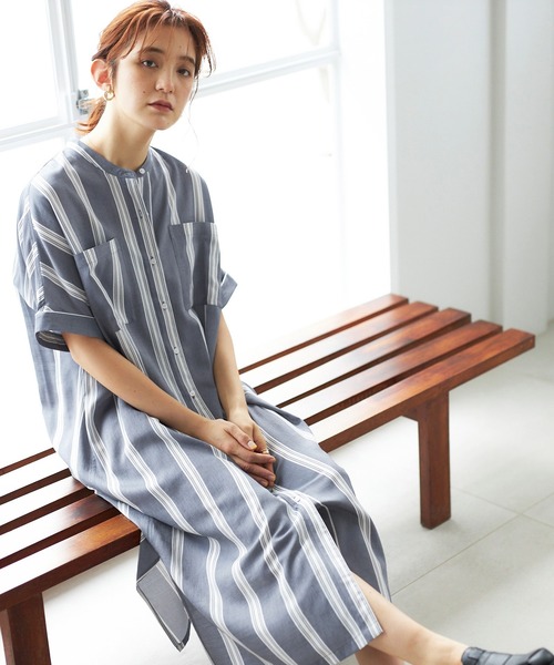 GeeRA（ジーラ）の「バンドカラー半袖シャツワンピース（シャツワンピース・レディース・モカ/サンドグレー/ストライプ・M/L）」の16枚目の写真