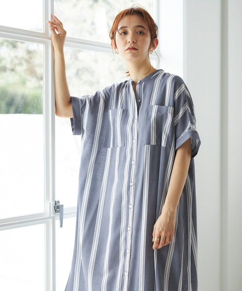 GeeRA（ジーラ）の「バンドカラー半袖シャツワンピース（シャツワンピース・レディース・モカ/サンドグレー/ストライプ・M/L）」の17枚目の写真